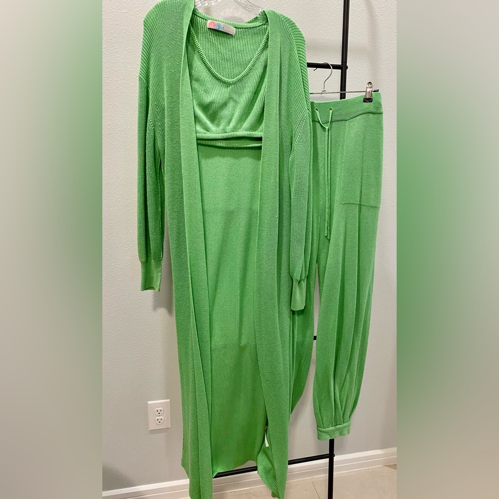 Free People Green Knit Cardigan, Cropped Top and Pants Set. Small.